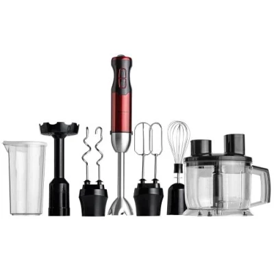 Блендер Liberton LHB-0310, Black/Red, 1000W, занурювальній, плавне рег швидкості, вінчик, насадка для пюре, мірний стакан, мультиподрібнювач, диски для нарізання овочів/фруктів, для нарізання соломкою, тертка для дерунів, гаки, насадка-міксер