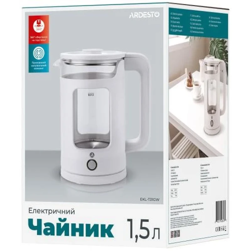 Електрочайник Ardesto EKL-T31GW, White, 1350W, 1.5л, дисковий, скло, індикатор рівня води, підсвічування, відключення при недостатній кількості води