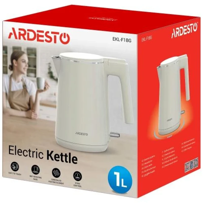 Електрочайник Ardesto EKL-F1BG, Beige, 1500W, 1л, дисковий, подвійний корпус, індикатор рівня води, контролер Strix