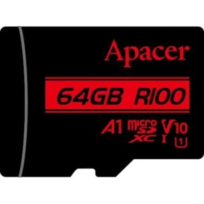 Карта пам'яті microSDXC, 64Gb, Apacer R100, Class10 UHS-I U1 V10 A1, без адаптера, до 100 МБ/с (AP64GMCSX10UB-RA)