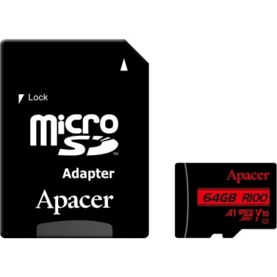 Карта пам'яті microSDXC, 64Gb, Apacer R100, Class10 UHS-I U1 V10 A1, SD адаптер, до 100 МБ/с (AP64GMCSX10UB-R)