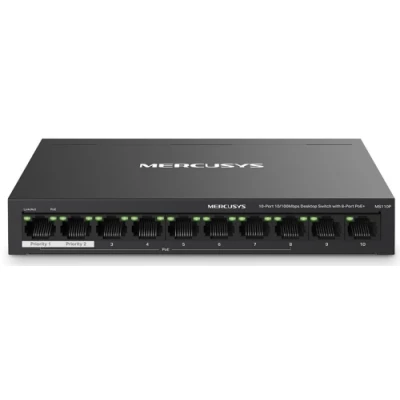 Комутатор Mercusys MS110P 10-портовий 10/100 Мбіт/с ( 8 портів PoE +) , 2xLAN 10/100Mbit, метал