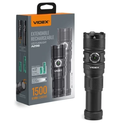 Ліхтар ручний Videx A298, Black, 1500 Лм, 5000K, до 220 м, 6 режимів роботи, лінзи із загартованого скла, світлодіод Luminus SST40 (10 Вт), акумулятор (Li-ion 18650 2200mAh), Type-C, IP66 (VLF-A298)