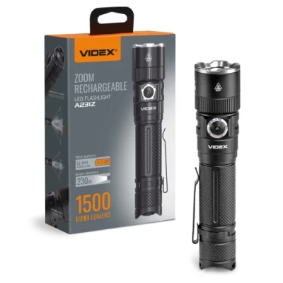 Ліхтар ручний Videx A231Z, Black, 1500 Лм, 5000K, до 230 м, 6 режимів роботи, лінзи із загартованого скла, світлодіод Luminus 4xSST40 (20 Вт), акумулятор (Li-ion 21700 4000mAh), Type-C, IP67 (VLF-A231Z)