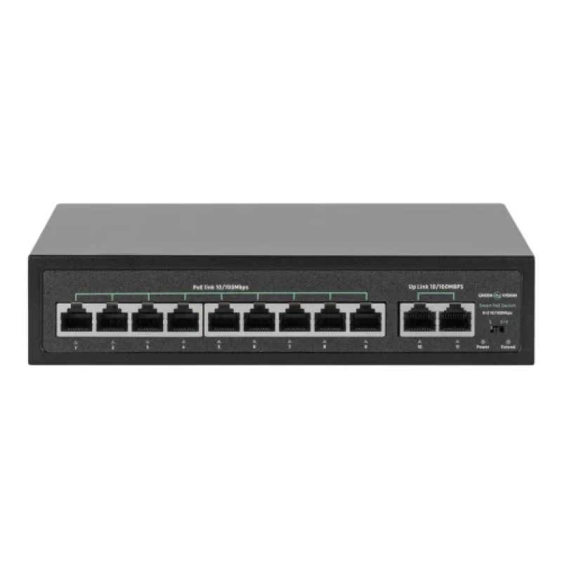 PoE комутатор Green Vision GV-016-D-09+2P, 9x10/100 PoE, 2хRJ45 Uplink, Black