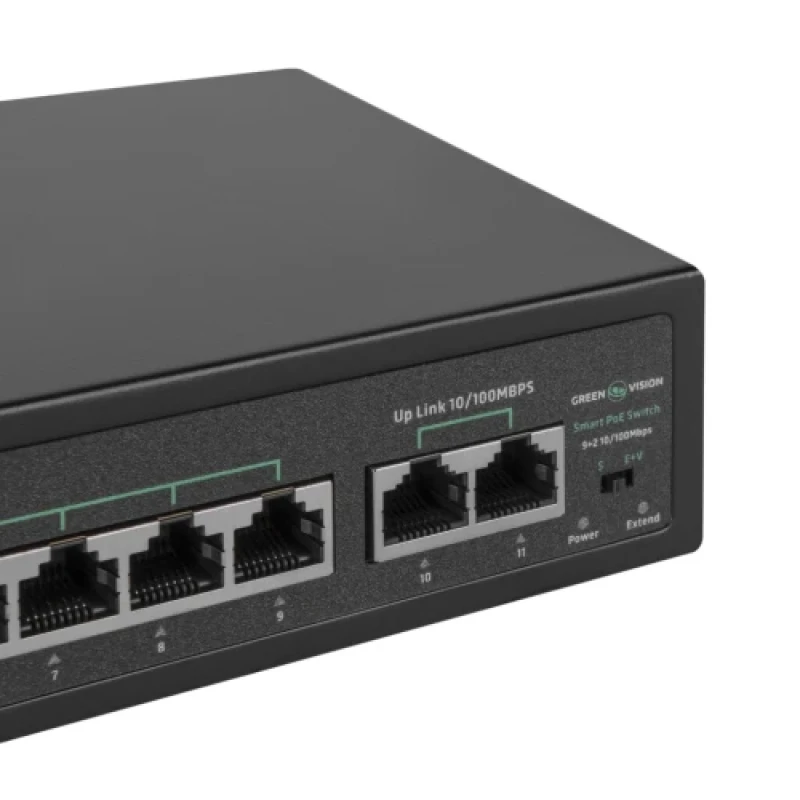 PoE комутатор Green Vision GV-016-D-09+2P, 9x10/100 PoE, 2хRJ45 Uplink, Black