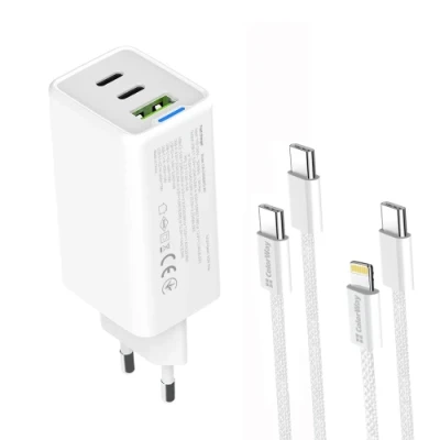 Мережевий зарядний пристрій ColorWay, White, 65 Вт, GaN, 2xType-C (65 Вт / 20 Вт, PD3.0) / 1xUSB (18 Вт, QC4.0), Auto ID, кабель Type-C - Type-C, кабель Type-C - Lightning (CW-CHS058PDCL-WT)