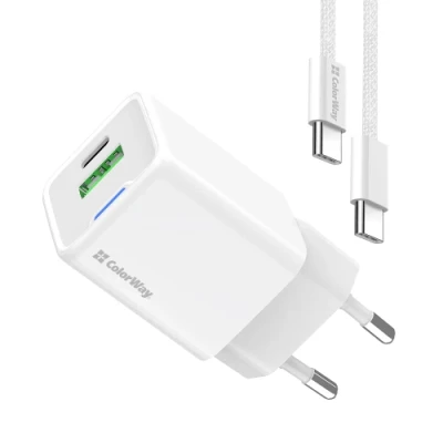 Мережевий зарядний пристрій ColorWay, White, 35 Вт, GaN, 1xType-C (PD3.0) / 1xUSB (QC4.0), Auto ID, кабель Type-C - Type-C (CW-CHS055PDC-WT)