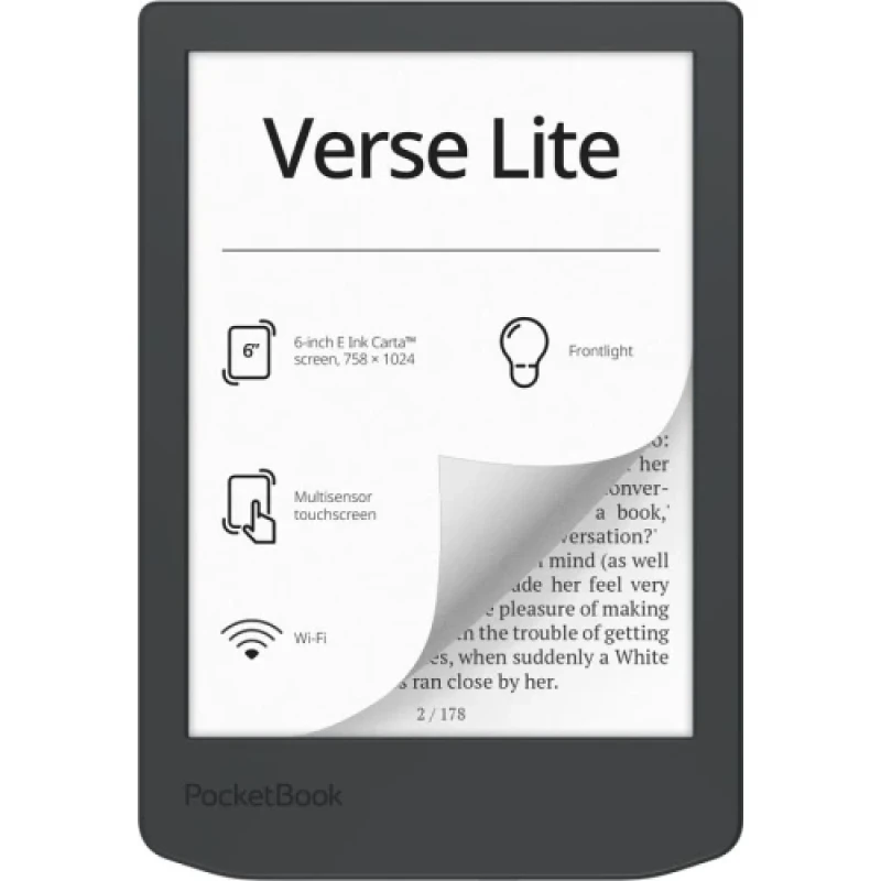 Електронна книга 6" PocketBook Verse Lite, Midnight Grey, WiFi, 1024x758 (E Ink Carta), 512Mb / 8Gb, сенсорний екран, 16 градацій сірого, 212 DPI, підсвічування екрану SMARTlight, 1000 mAh, Type-C (PB619-T-CIS)