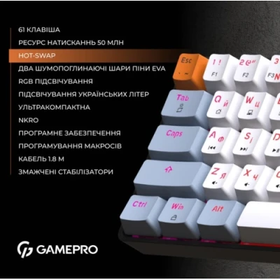 Клавіатура GamePro MK130R, Black, USB, механічна (перемикачі Outemu Red), RGB-підсвічування, 61 кнопка, 1.8 м, UK/EN Клавіатура GamePro MK130R, Black, USB, механічна (перемикачі Outemu Red), RGB-підсвічування, 61 кнопка, 1.8 м, UK/EN
