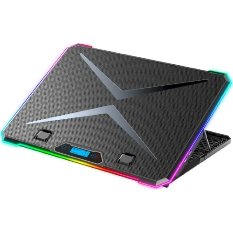Підставка для ноутбука до 17" GamePro CP940, Black, RGB підсвічування, 3 х 100 мм, 3 х 70 мм вентилятор (1350 rpm), LCD-дисплей, метал/пластик, 2xUSB 2.0, 420 х 300 х 28 мм, 1100 г, регулювання швидкості вентиляторів та кута нахилу