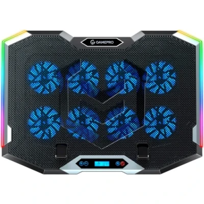 Підставка для ноутбука до 21" GamePro CP870, Black, RGB підсвічування, 8 x 70 мм вентилятор (2400 rpm), LCD-дисплей, метал/пластик, 2xUSB 2.0, 412 х 295 х 40 мм, 1100 г, регулювання швидкості вентиляторів та кута нахилу