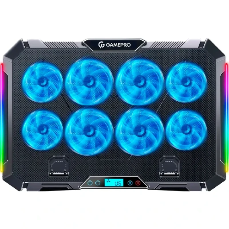 Підставка для ноутбука до 17" GamePro CP795, Black, RGB підсвічування, 4 х 80 мм, 4 х 70 мм вентилятор (25 dB 2320 rpm), метал/пластик, 2xUSB 2.0, 395 x 265 x 30 мм, 910 г, регулювання швидкості вентиляторів та кута нахилу