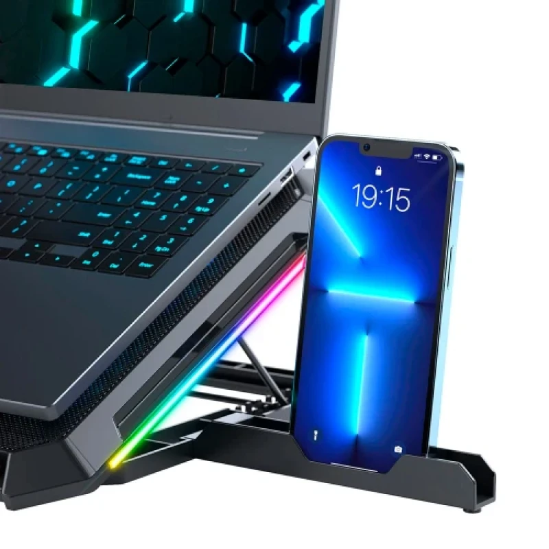 Підставка для ноутбука до 17" GamePro CP795, Black, RGB підсвічування, 4 х 80 мм, 4 х 70 мм вентилятор (25 dB 2320 rpm), метал/пластик, 2xUSB 2.0, 395 x 265 x 30 мм, 910 г, регулювання швидкості вентиляторів та кута нахилу
