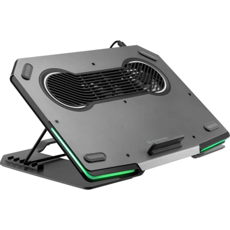 Підставка для ноутбука до 17" GamePro CP1540, Dark Grey, RGB підсвічування, 3 x 80 мм вентилятор, алюміній/пластик, 2xUSB 2.0, 360 x 262 x 26.5 мм, 1100 г, регулювання кута нахилу