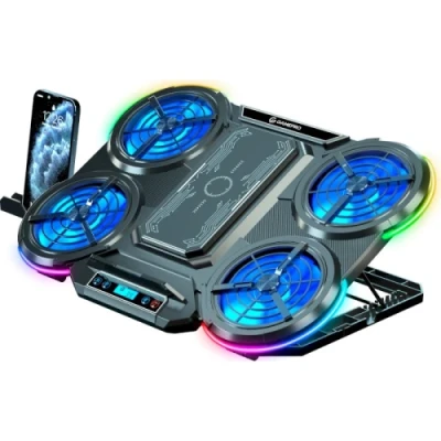Підставка для ноутбука до 18" GamePro CP1450, Black, RGB підсвічування, 4 х 100 мм, 1 х 80 мм вентилятор (18 dB, 1350 rpm), LCD-дисплей, алюміній/пластик, 2xUSB 2.0, 410 x 285 x 40 мм, 1100 г, регулювання швидкості вентиляторів та кута нахилу