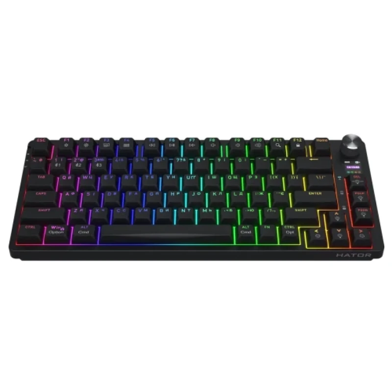 Клавіатура бездротова Hator Icefall Pro, Black, Bluetooth 5.3 / USB 2.4GHz / Type-C, механічна (перемикачі Aurum Orange Linear 2.0), TFT екран, RGB підсвічування з індивідуальним налаштуванням кожної клавіши, акумулятор 4000 mAh (HTK450UA)