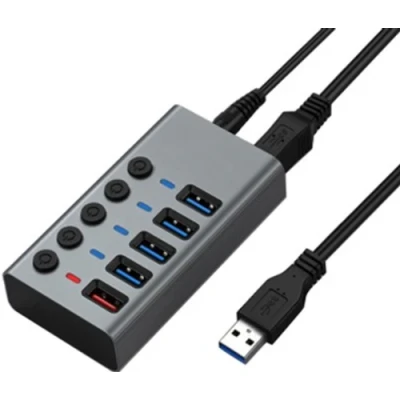 Хаб USB Dynamode DM-UH-P405-G, Grey, USB 3.0 - 5xUSB 3.0, кабель 1 м, блок живлення