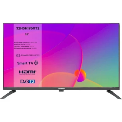 Телевізор 32" Romsat 32HSQ1221T2, Black, LED, 1366х768, 60 Гц, 3500:1, Smart TV (Android 14), DVB-T2/C, Wi-Fi, Bluetooth, RJ45, 2xHDMI, 2xUSB, 2 x 10 Вт, VESA 100x100