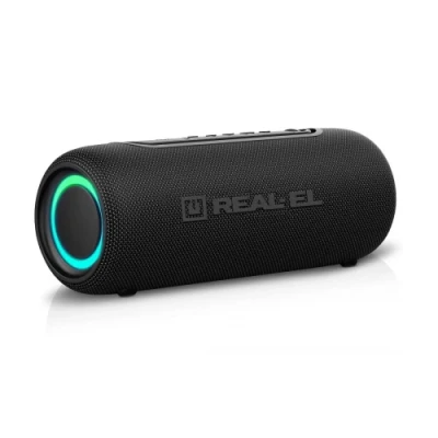 Колонка портативна 2.0 REAL-EL X-715 Black, 2 x 5 Вт, пластиковий корпус, Bluetooth, USB-А/USB-C, AUX, RGB підсвічування, живлення від акумулятора, вбудований мікрофон, 86 дБ, 2000мА*ч, час роботи 10 год (EL121600027)