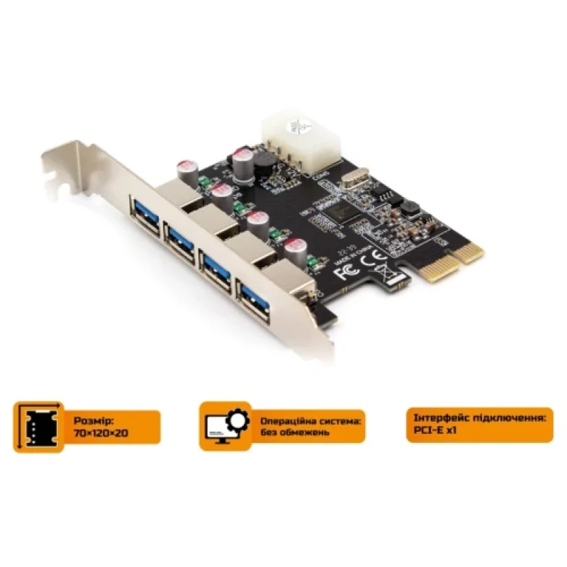 Плата розширення Frime PCI-E x1, 4xUSB 3.0, чіп NEC720201, живлення Molex (ECF-PCIEtoUSB015)