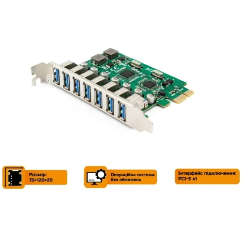 Плата розширення Frime PCI-E x1, 7xUSB 3.0, чіп NEC720210 (ECF-PCIEtoUSB016)