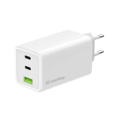 Мережевий зарядний пристрій ColorWay, White, 100 Вт, GaN, 2xType-C (100 Вт, PD3.0) / 1xUSB (30 Вт, QC4.0), Auto ID (CW-CHS061PD-WT)