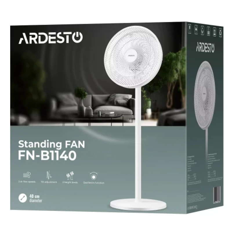 Вентилятор підлоговий Ardesto FN-B1140 White, 55W,  опора кругла, діаметр 40 см