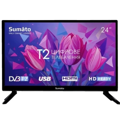 Телевізор 24" Sumato 24HT03, Black, LED, 1366x768, 60 Гц, 178°/178°, DVB-T2/C, LAN, HDMI, USB, 2 х 5 Вт, VESA 100x100