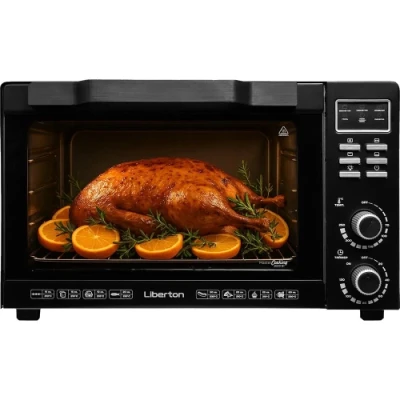 Електродуховка Liberton LEO-501E Black, 2000W, 50л, 70-250 °C, 3 режими приготування, конвекція, підсвічування, гриль, деко, тримач для деки та рожна, піддон для жиру, рожен