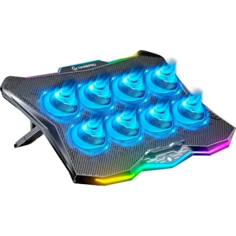 Підставка для ноутбука до 17.3" GamePro CP680, Black, 8 x 70 мм (2500 об/хв), сенсорне RGB підсвічування, 7 рівнів висоти, 2xUSB, металева сітка, 400 x 300 x 26 мм, 1.23 кг
