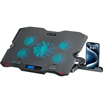 Підставка для ноутбука до 15.6" GamePro CP560, Black, 1 x 125 мм (1170 об/хв) + 4 x 60 мм (3200 об/хв), LCD екран, 5 рівнів висоти, 2xUSB, знімний тримач для смартфона, металева сітка, 360 x 270 x 32 мм, 700 г