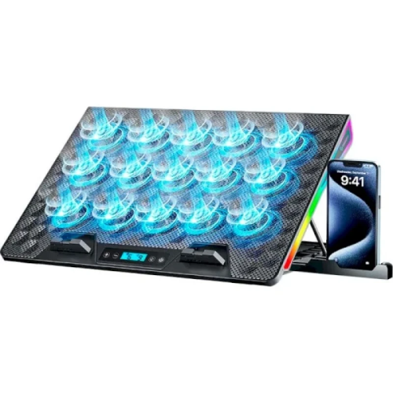 Підставка для ноутбука до 17.3" GamePro CP1140, Black, 15 x 60 мм (2300 об/хв), LCD екран, RGB підсвічування (10 режимів), 5 рівнів висоти, 2xUSB, знімний тримач для смартфона, металева сітка, 400 x 288 x 36 мм, 1.38 кг