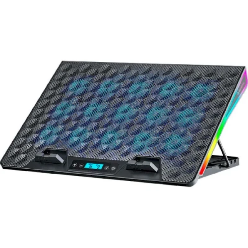 Підставка для ноутбука до 17.3" GamePro CP1140, Black, 15 x 60 мм (2300 об/хв), LCD екран, RGB підсвічування (10 режимів), 5 рівнів висоти, 2xUSB, знімний тримач для смартфона, металева сітка, 400 x 288 x 36 мм, 1.38 кг