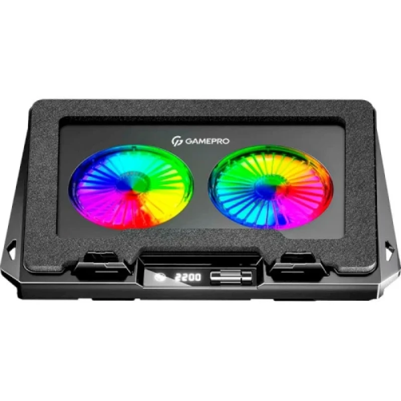 Підставка для ноутбука до 17.3" GamePro CP910, Black, 2 x 110 мм (300-2200 об/хв), магнітна підкладка, RGB підсвічування, LCD екран, 7 рівнів висоти, Type-C / USB, знімна підставка для смартфона, металева сітка, 400 x 288 x 45 мм, 1.25 кг