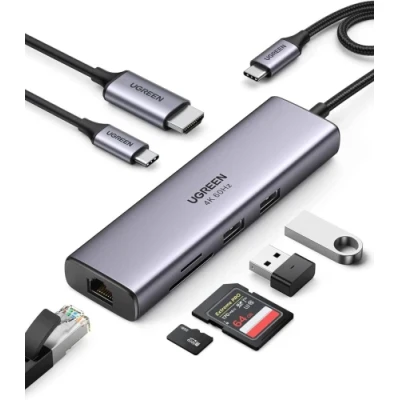 Хаб USB Ugreen CM512, Grey, Type-C 3.1 - 1xType-C (100 Вт) / 2xUSB 3.0 / HDMI 4K / GLan / microSD / SD, кабель 15 см, алюмінієвий корпус (90568)