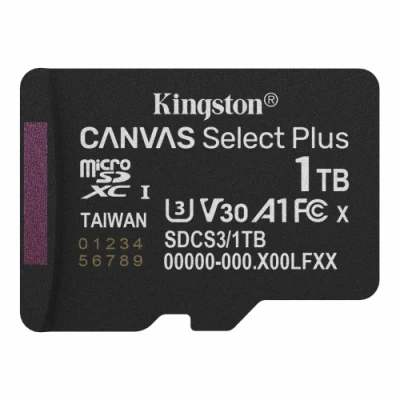 Карта пам'яті microSDXC, 1Tb, Kingston Canvas Select Plus, Class 10 UHS-I U3 V30 A1, без адаптера, до 150 МБ/с (SDCS3/1TBSP)