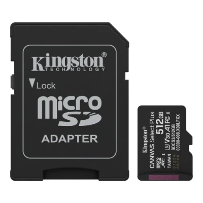 Карта пам'яті microSDXC, 512Gb, Kingston Canvas Select Plus, Class 10 UHS-I U3 V30 A1, SD адаптер, до 150 МБ/с (SDCS3/512GB)