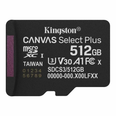 Карта пам'яті microSDXC, 512Gb, Kingston Canvas Select Plus, Class 10 UHS-I U3 V30 A1, без адаптера, до 150 МБ/с (SDCS3/512GBSP)