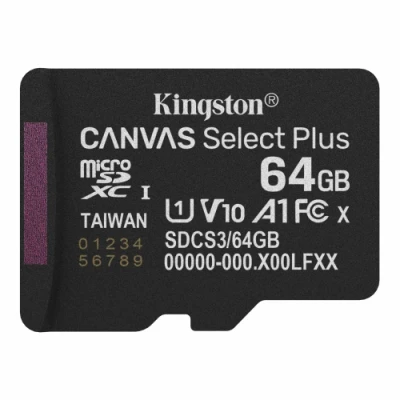 Карта пам'яті microSDXC, 64Gb, Kingston Canvas Select Plus, Class10 UHS-I U1 V10 A1, без адаптера, до 100 МБ/с (SDCS3/64GBSP)