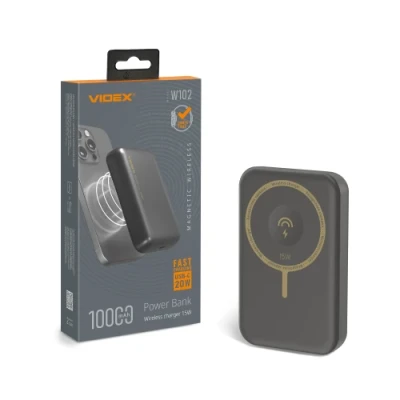 Універсальна мобільна батарея 10000 mAh, Videx VPB-W102, Black, 20 Вт, 1xType-C (PD3.0), бездротова зарядка (15 Вт) MagSafe (VPB-W102-G)