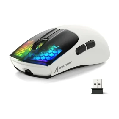 Миша бездротова Attack Shark X5, White/Black, Bluetooth / USB 2.4GHz / Type-C, оптична (сенсор PixArt PAW3212), 800 - 4000 dpi, 10G, RGB підсвічування, 5 кнопок, акумулятор 280 mAh, 49 г
