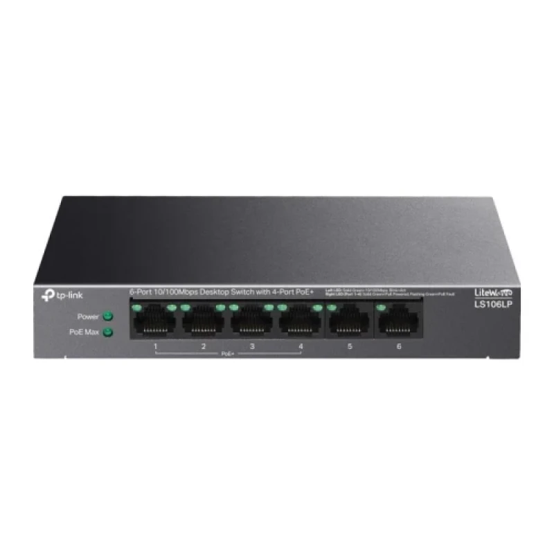 Комутатор TP-Link LiteWave LS106LP, Black, 6xRJ45 (2х10/100 Mb/s, 4x10/100 Mb/s PoE+), некерований
