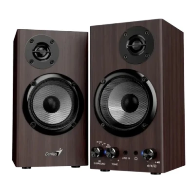 Колонки 2.0 Genius SP-HF520BT, Dark Brown, 20 Вт (2 x 10 Вт), Bluetooth 5.3 / 3.5 мм, МДФ, керування (3D/бас / тон / гучність) спереду, лінійний вихід / навушники