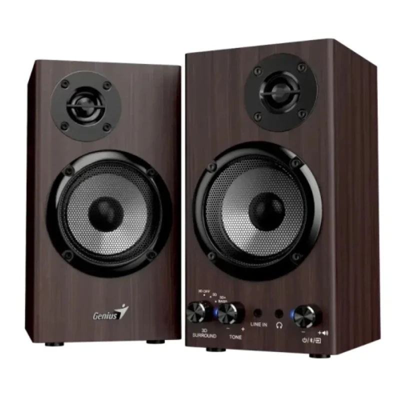 Колонки 2.0 Genius SP-HF520BT, Dark Brown, 20 Вт (2 x 10 Вт), Bluetooth 5.3 / 3.5 мм, МДФ, керування (3D/бас / тон / гучність) спереду, лінійний вихід / навушники