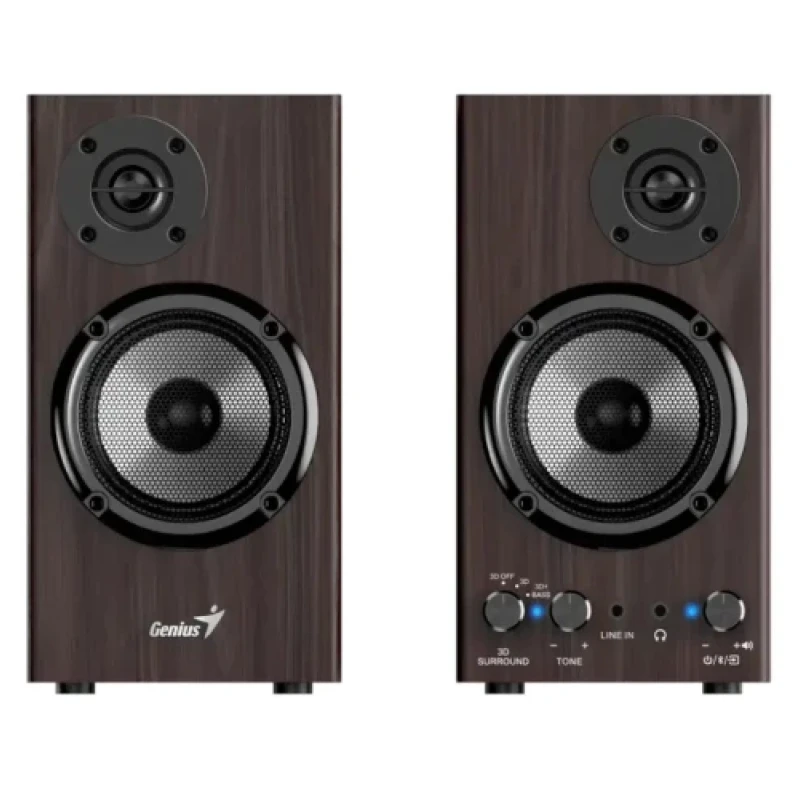 Колонки 2.0 Genius SP-HF520BT, Dark Brown, 20 Вт (2 x 10 Вт), Bluetooth 5.3 / 3.5 мм, МДФ, керування (3D/бас / тон / гучність) спереду, лінійний вихід / навушники