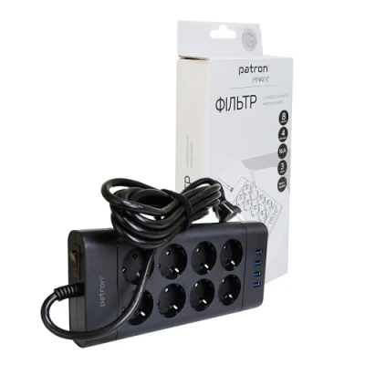 Фільтр мережевий Patron, 8 розеток, 3 м, Black, 4xUSB (3.1A), 16А, до 4 кВт, вимикач, заземлення, 3x1.5 мм² (SP-1683-USB)