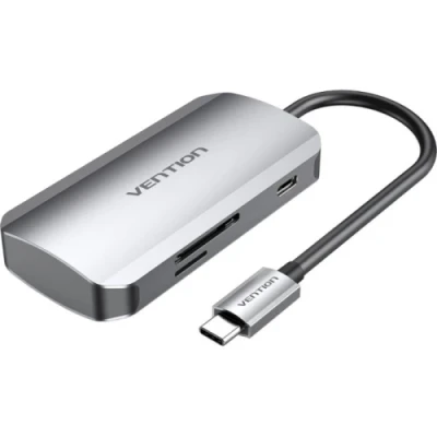 Хаб USB Vention 6-in-1, Grey, Type-C 3.2 - 1xType-C (100 Вт) / 3xUSB 3.0 / microSD / SD, кабель 15 см, алюмінієвий корпус (TNHHB)