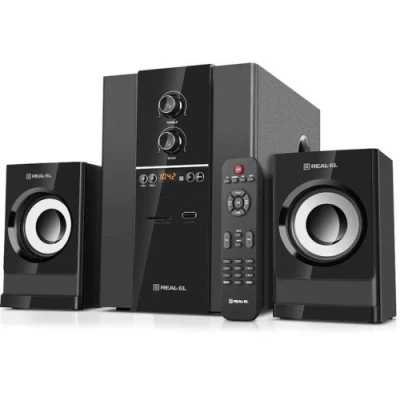 Колонки 2.1 REAL-EL M-355 Black, сателіти 2 x 12 Вт, сабвуфер 20 Вт, МДФ, Bluetooth, FM-тюнер, RCA, AUX, USB / SD, LED-дисплей, живлення від мережі 220V, керування спереду + пульт ДК (EL121300015)