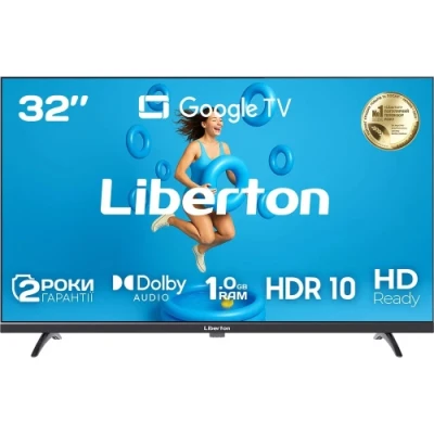 Телевізор 32" Liberton LTV-32H05GT, Black, LED, 1366x768, 60 Гц, 3000:1, Google TV, DVB-T2/C, LAN, Wi-Fi, Bluetooth, 2xHDMI, 2хUSB, 2 x 6 Вт, VESA 200x200